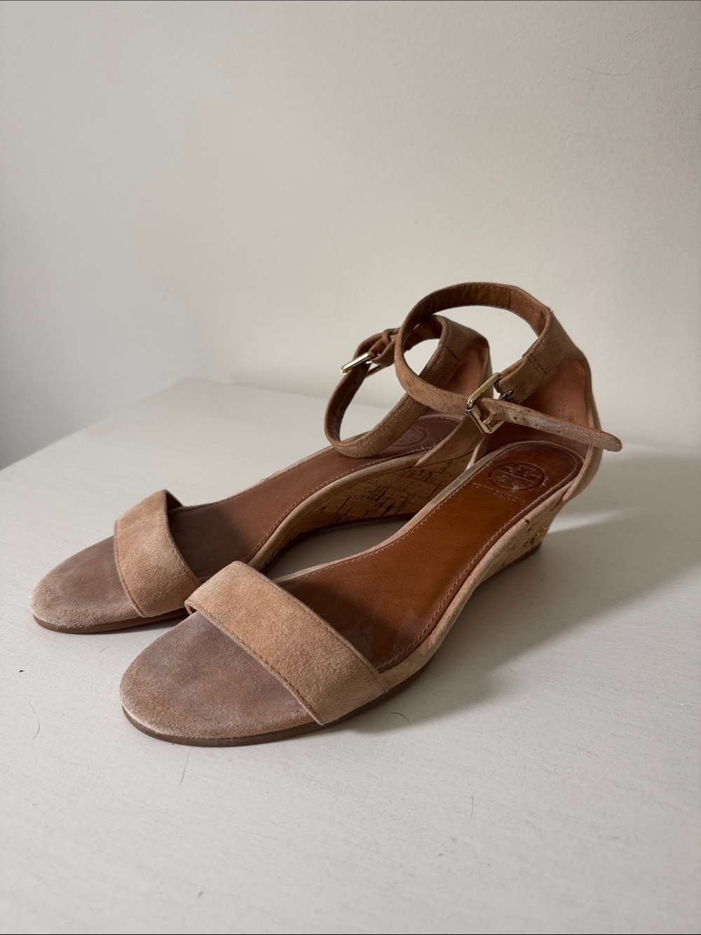 Tory Burch Beige/Tan Suede Ankle-Strap Wedge Sandals size 6.5